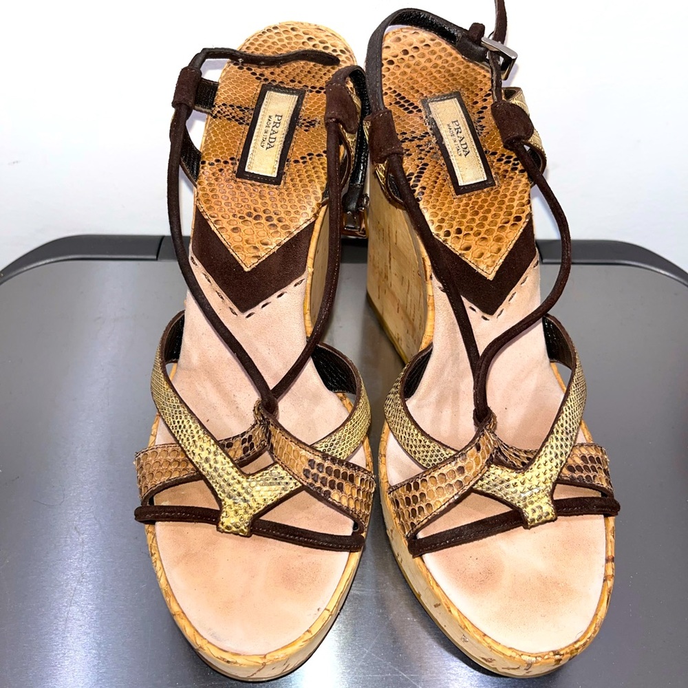 Auth Prada Strappy Snakeskin Python Suede Cork We… - image 1